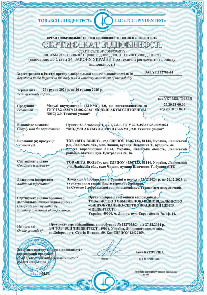 Сертифікація акумуляторних модулів (Li-NMC) 2.0