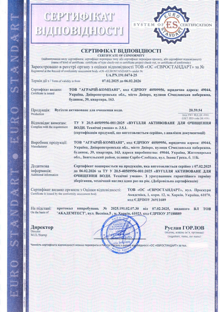 Сертифікація вугілля активованого для очищення води