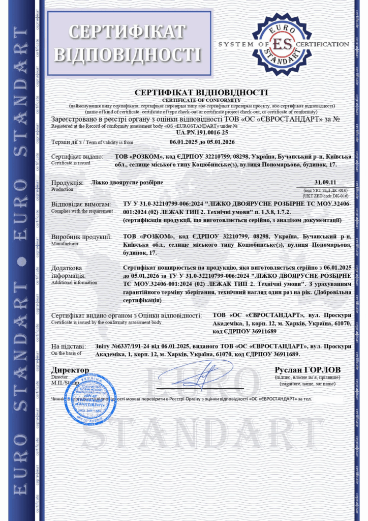 Сертифікація ліжка двоярусного розбірного: відповідність вимогам ТУ