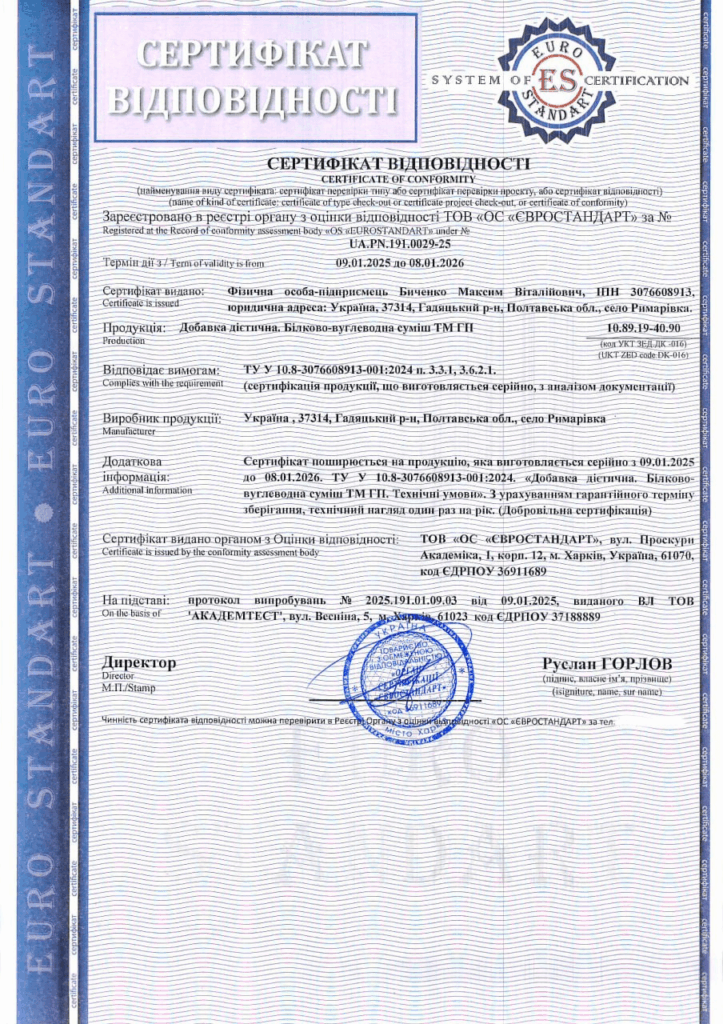 Сертифікація дієтичної добавки – білково-вуглеводної суміші ТМ ГП