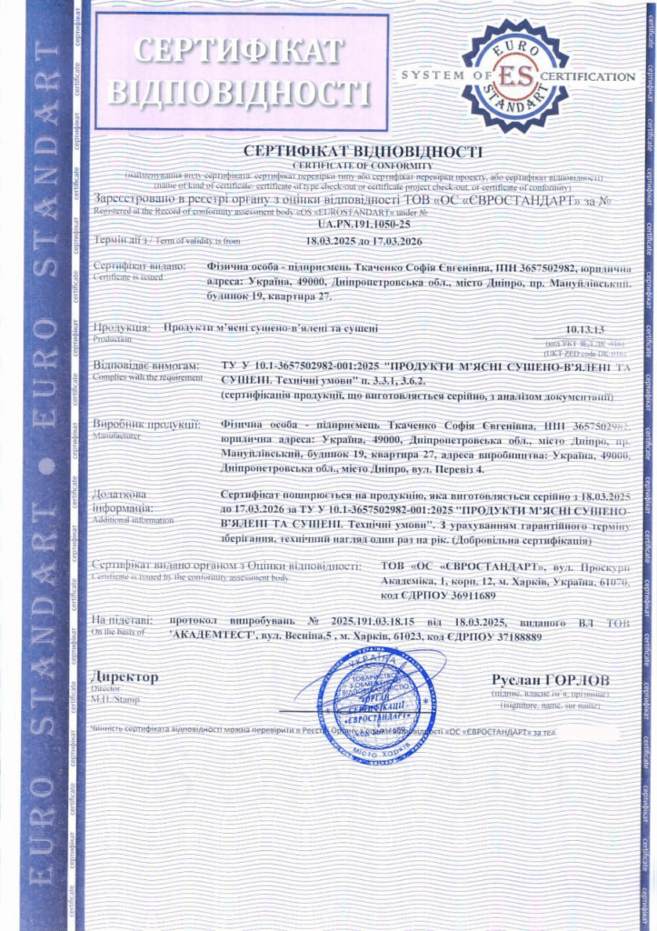 Сертифікація м’ясних сушено-в’ялених продуктів за 3 дні: як ми провели оцінку відповідності для ФОП з Дніпра