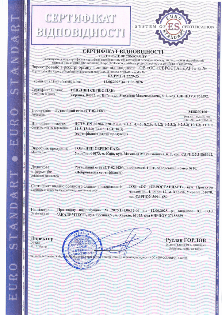 Сертифікація ротаційного столу «СТ-02-НЖ»: як ми підтвердили відповідність обладнання сучасним вимогам безпеки