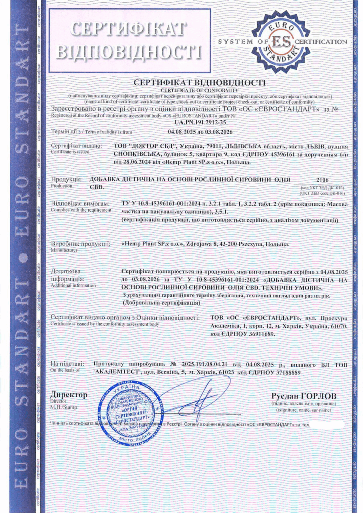Сертифікація дієтичної добавки на основі рослинної сировини — олії CBD