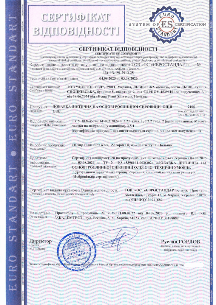 Сертифікація дієтичної добавки на основі рослинної сировини — олія CBG