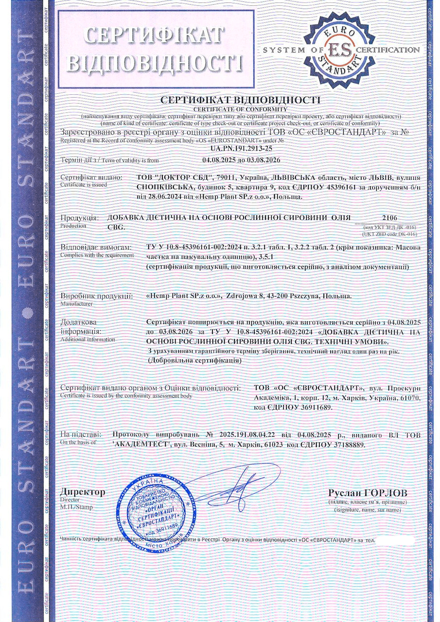 Сертифікація дієтичної добавки на основі рослинної сировини — олія CBG
