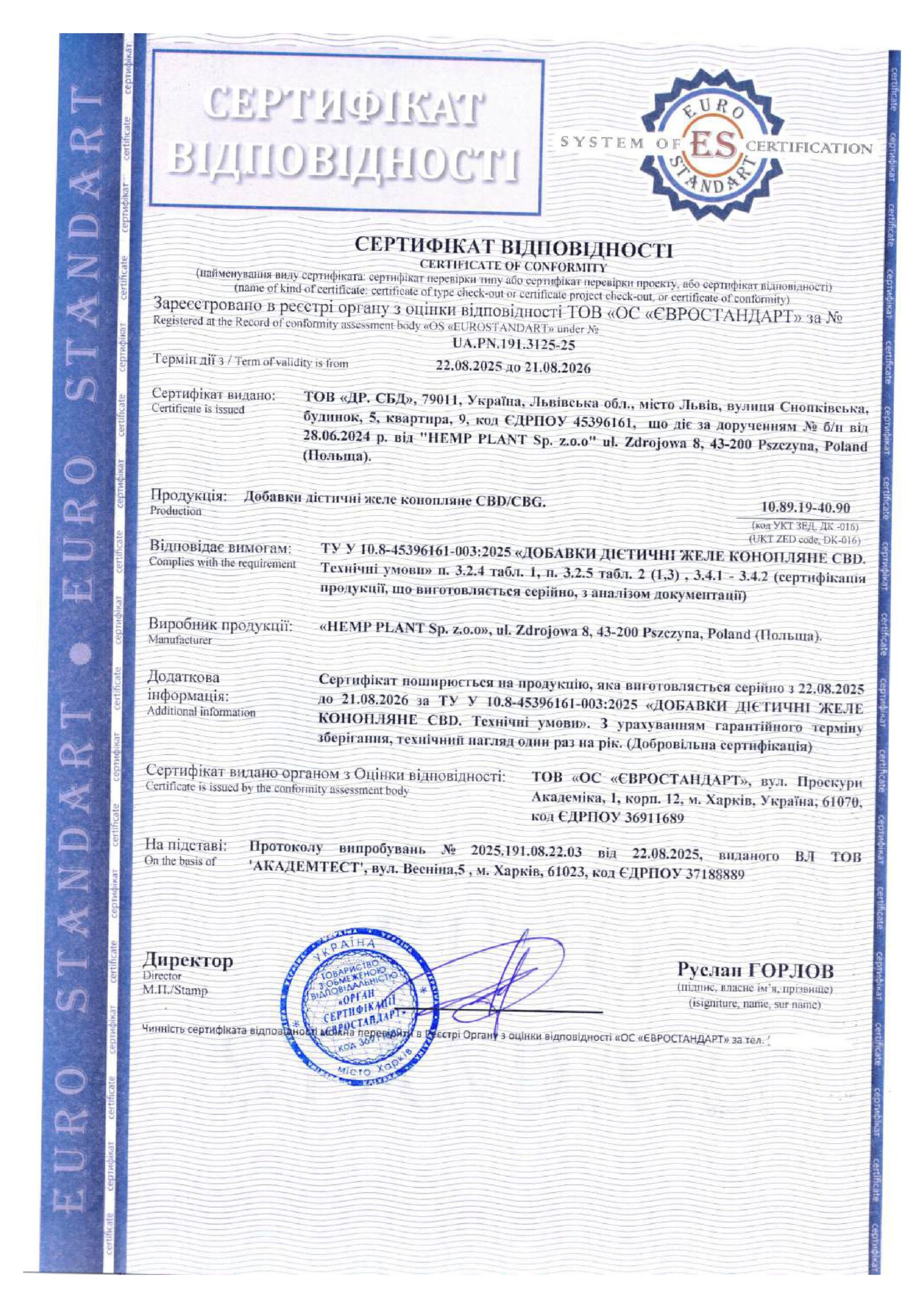 Сертифікація дієтичних добавок: желе конопляне CBD/CBG