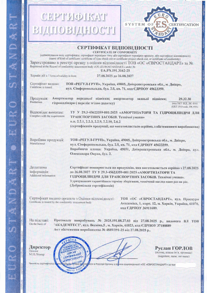 Сертифікація амортизаторів та гідроциліндрів для транспортних засобів