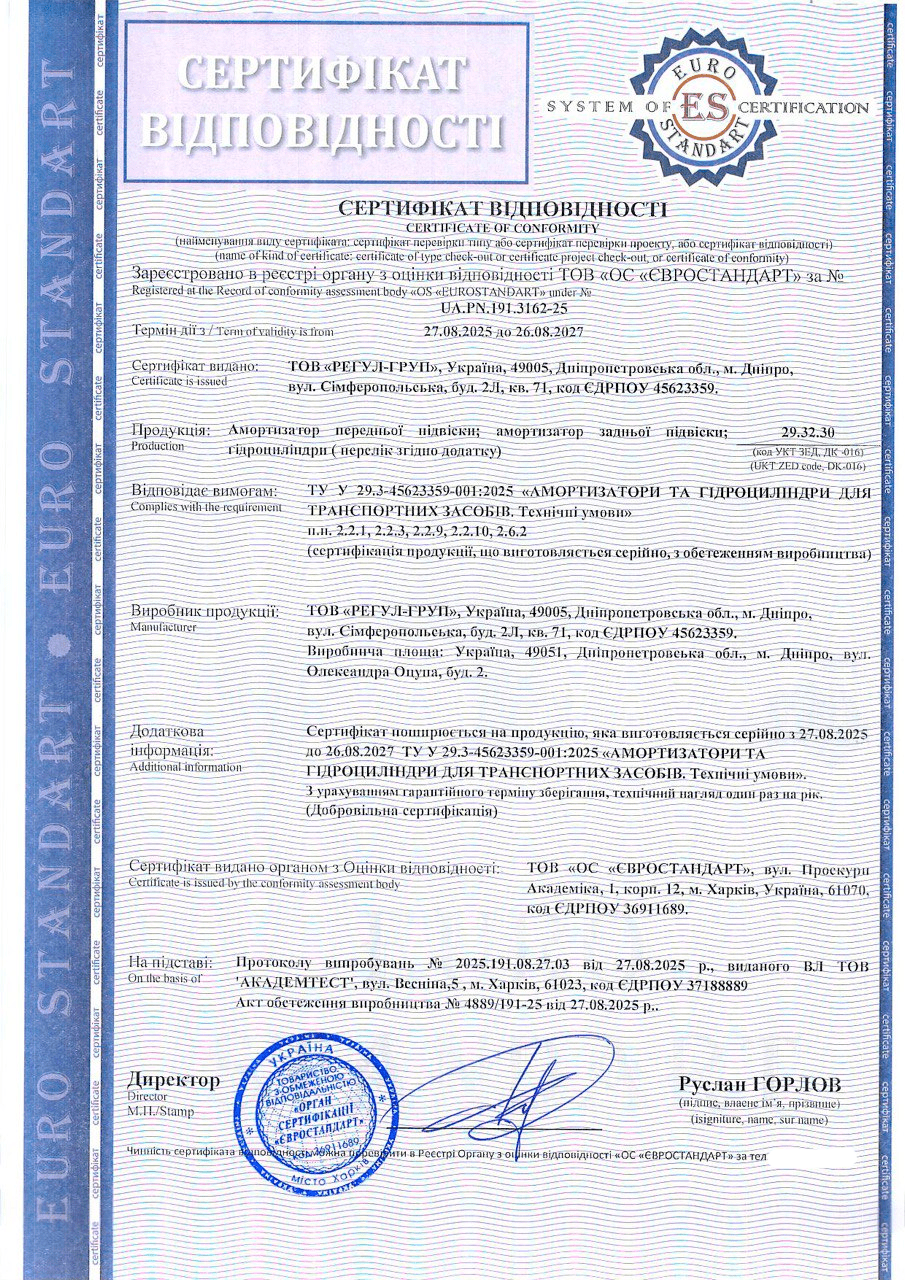 Сертифікація амортизаторів та гідроциліндрів для транспортних засобів