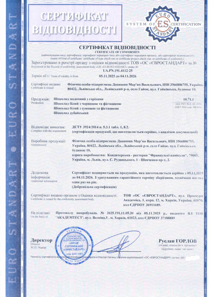 Сертифікація шоколаду з горіхами, чорницею, суницею та фісташками: приклад реального кейсу