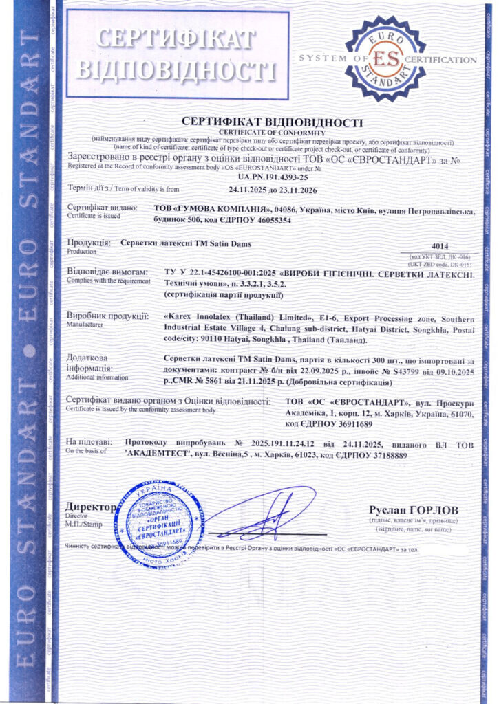 Сертифікація латексних серветок TM Satin Dams: приклад успішної відповідності технічним умовам