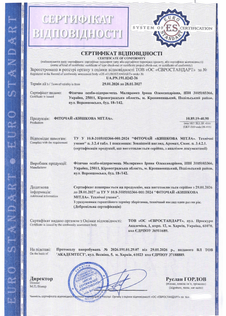 Сертифікація фіточаю «Кішкова мітла»: кейс оформлення сертифіката відповідності за ТУ